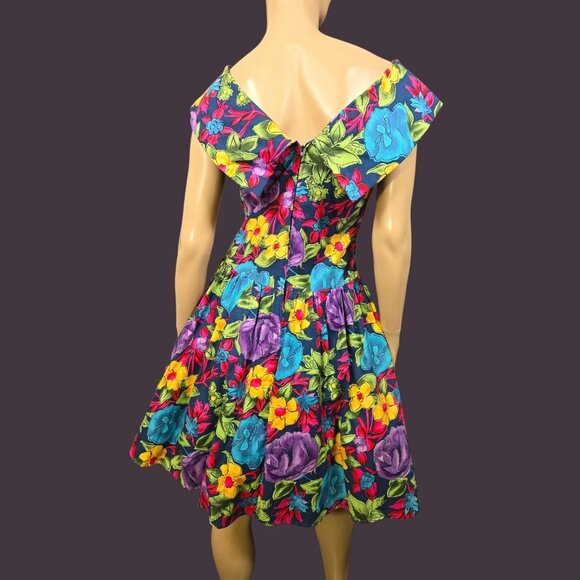 Vintage 80s Floral Swing Dress Size M Crinoline Fit Flare Summer Party Prom - Picture 9 of 12